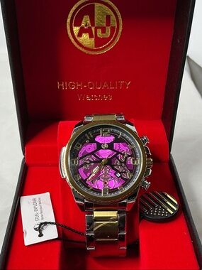 Two-Tone Men's 44mm Skeleton Watch in Gold and Silver withFuchsia Dial, With Box